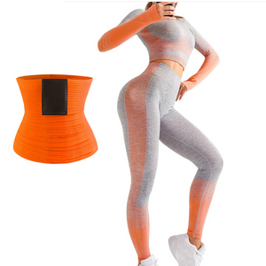 3 PIECE Orange Long Sleeves Crop Top And Sports Pants For Running Girl WITH WAIST SNATCHER - Snatch Bans