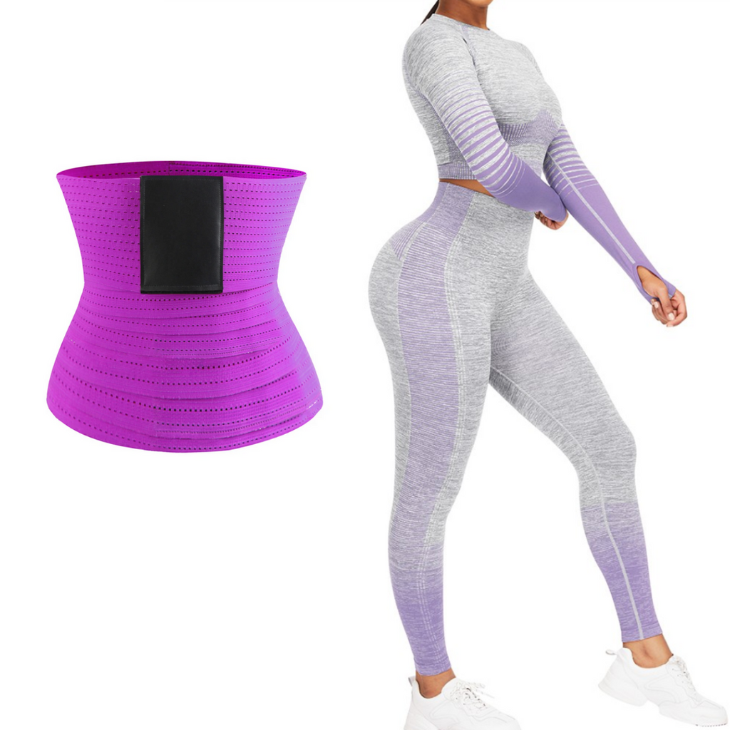 3 PIECE Purple Athletic Suit Long Sleeves Patchwork High Elasticity WITH WAIST SNATCHER - Snatch Bans