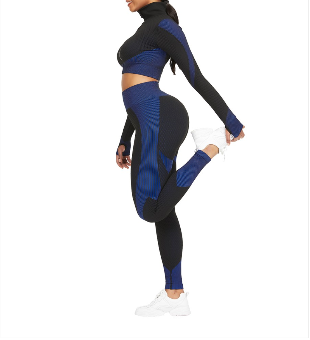 3 PIECE Athletic Dark Blue Stand-Up Collar Top High Rise Leggings Young Style WITH WAIST SNATCHER - Snatch Bans