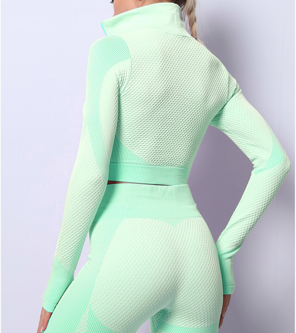 3 PIECE Grass Green Long Sleeves Zipper Sports Two-Piece Outfits Moisture Wicking WITH WAIST SNATCHER - Snatch Bans