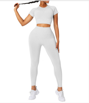 3 PIECE Sophiscated Creamy-White Ankle Length Yoga Legging Seamless Top WITH WAIST SNATCHER - Snatch Bans
