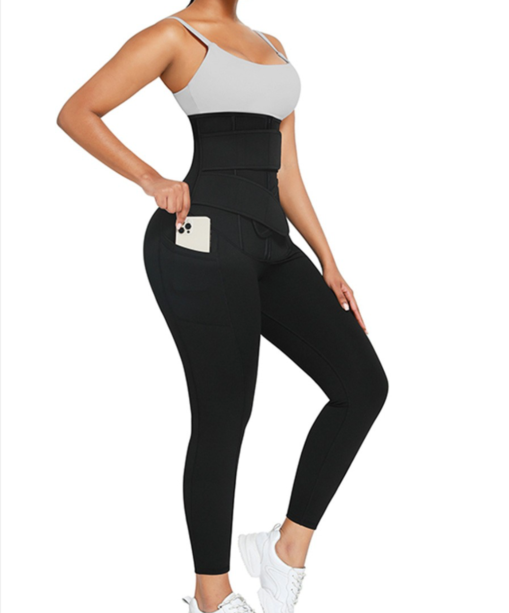 Black Double Belt Waist Trimmer Tummy Control Leggings With Blue Pu Coated Lining - Snatch Bans