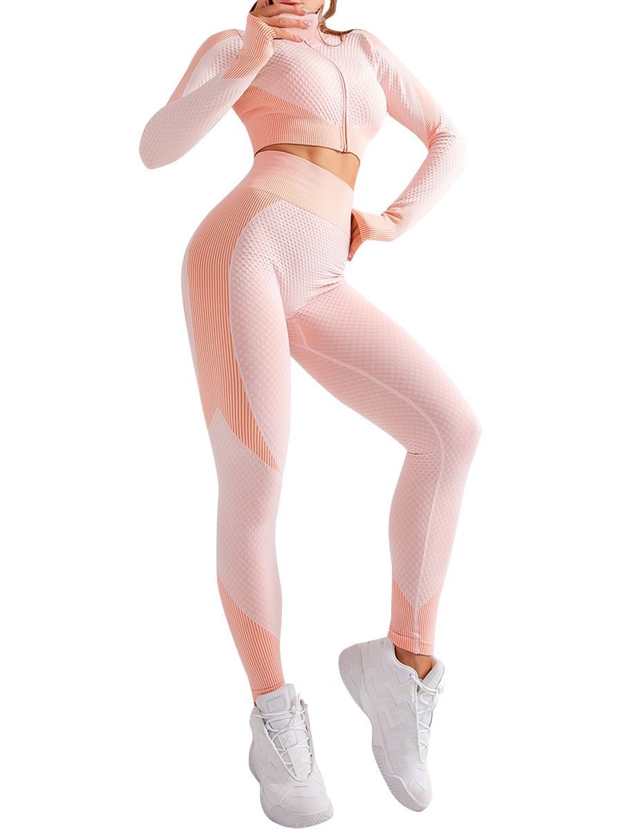 Modern Fit Pink Sports Top Zipper And High Waist Pants Slimming Fit - Snatch Bans