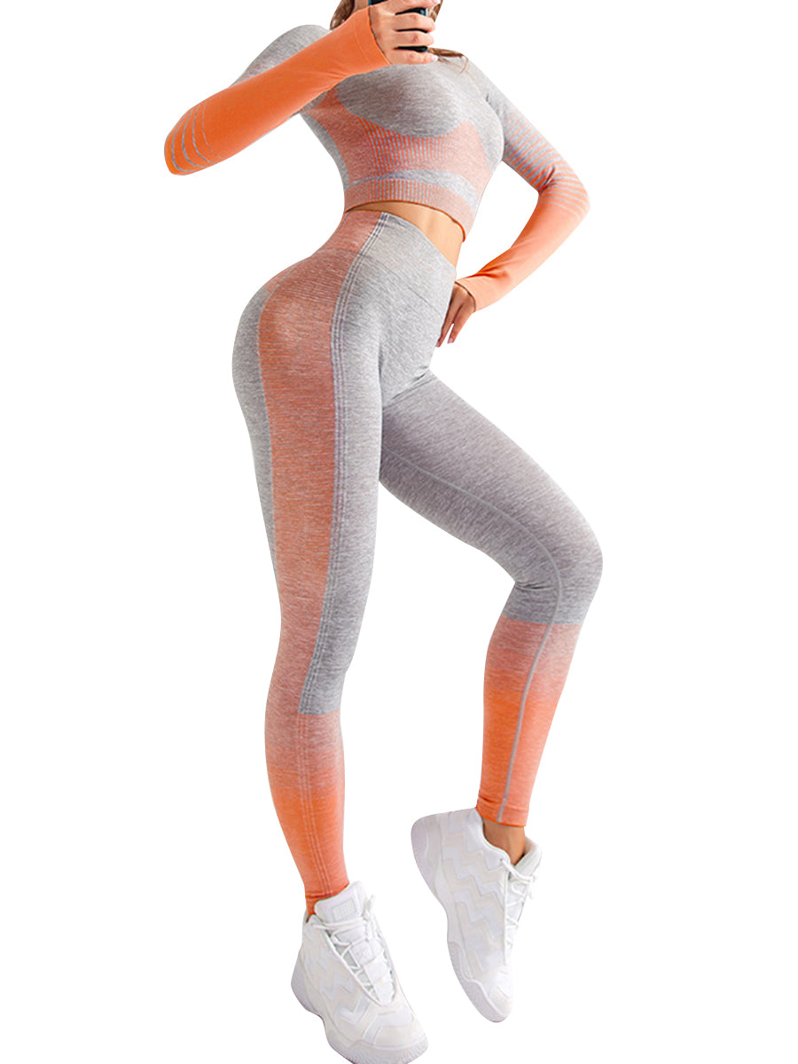 Elastic Orange Long Sleeves Crop Top And Sports Pants For Running Girl - Snatch Bans