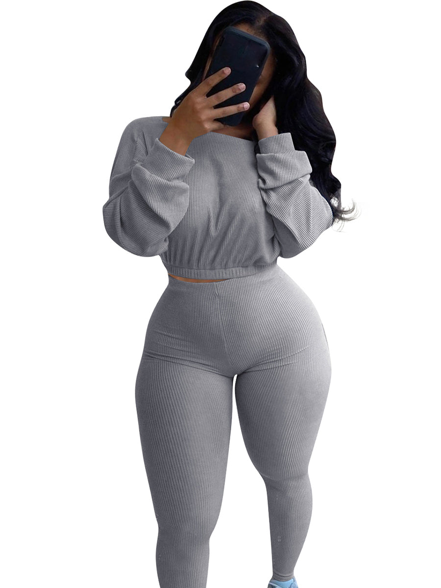 Gray Women Suit Full Length Rib Knit For Hanging Out - Snatch Bans