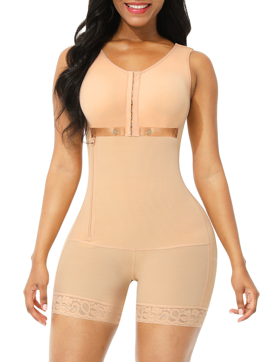 BRIANNA  NUDE - Black Full Body Shaper Glue Zipper Open Crotch Lace Slimming Stomach - Snatch Bans